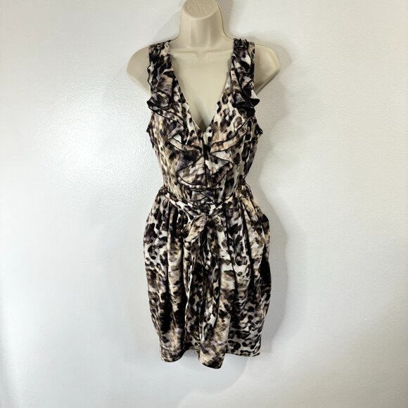 H&M Dress Size 12 Fit & Flare Satin Leopard Ruffle Brown Black Belted Stretch - Picture 1 of 9